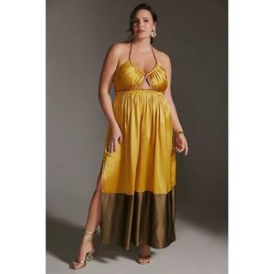 Brand New Anthropologie Silk Colorblocked Maxi Haltered Gold Party Dress Size 16
